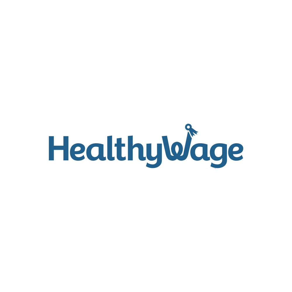 HealthyWage logo in blue text with a person holding a medal above the 'V' in 'Wage'.