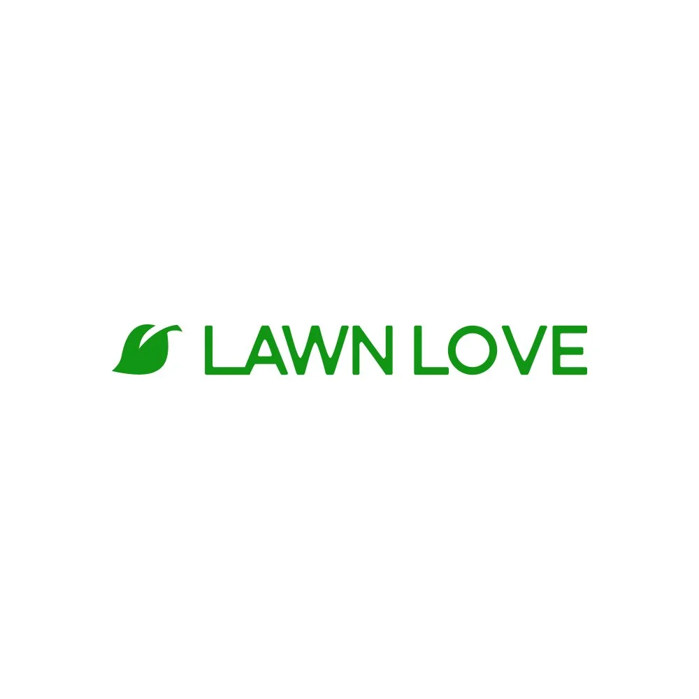 Lawn Love logo with green leaf icon and green text on a white background.