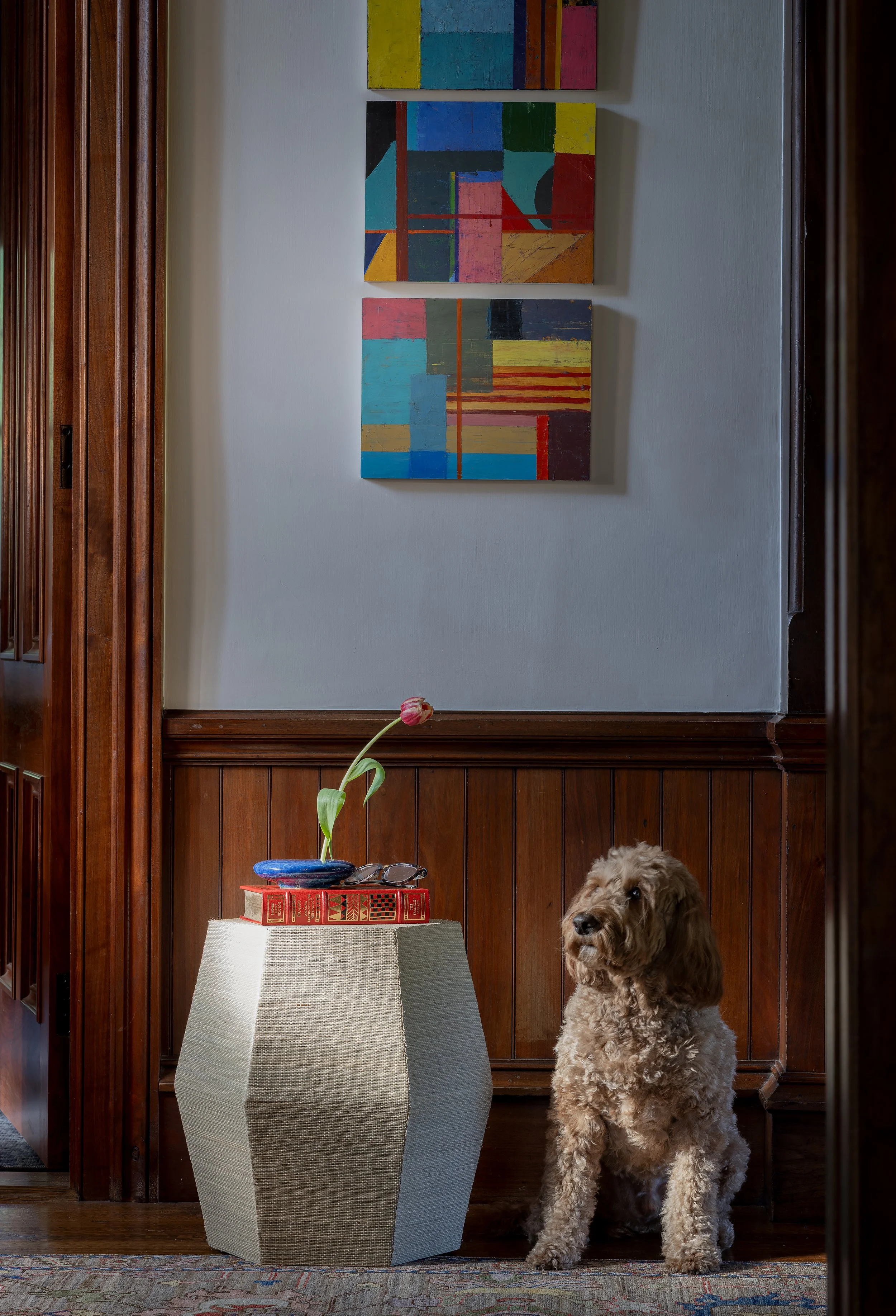 A hallway with wooden paneling, a modern beige geometric side table with a pink tulip in a blue dish, a stack of books, and a pair of glasses, and a brown curly-haired puppy sitting next to the table. Blue and colorful abstract paintings hang on the wall behind.