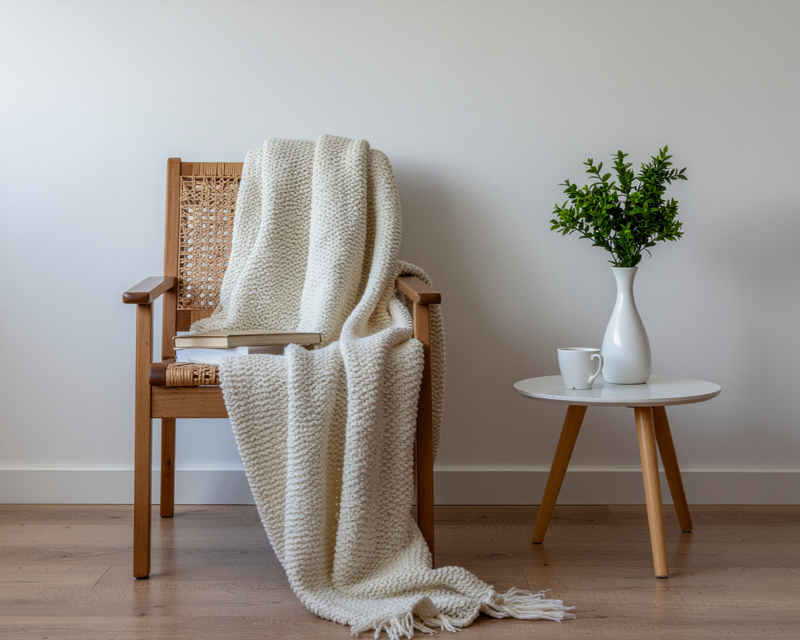Wooden chair with a cream-colored knitted blanket and a closed book on it, a small white side table with a white vase filled with green leafy plant and a white mug on it, against a plain white wall and hardwood floor.