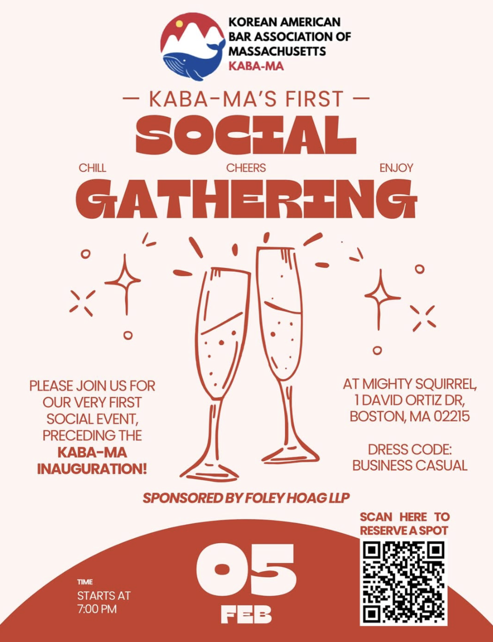 Invitation flyer for the first social gathering of the Korean American Bar Association of Massachusetts, featuring two champagne glasses, date February 5th, start time 7:00 PM, at Mighty Squirrel in Boston, Massachusetts, with dress code business casual and a QR code for reservations.