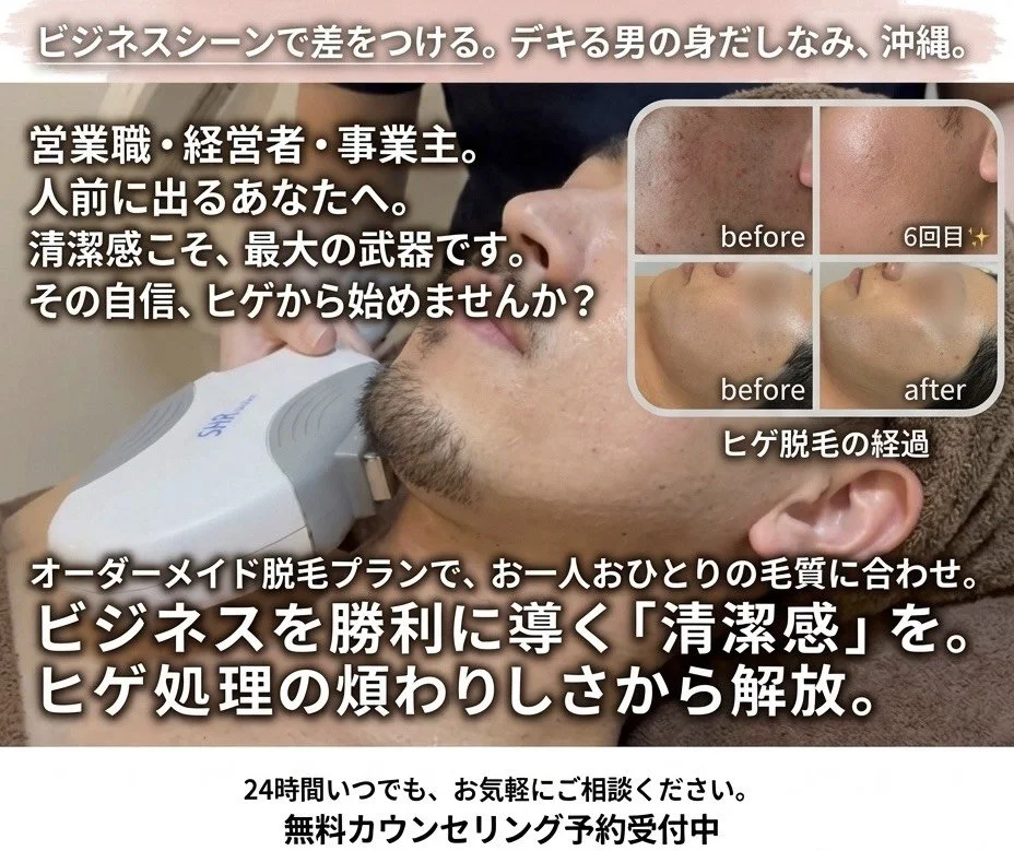 名護市印象管理専門エステClassy＆TrueMeで男性が顔のヒゲ脱毛を受けている。比較のビフォーアフターの写真※イメージ画像や、脱毛前後の写真。

※効果には個人差があります。