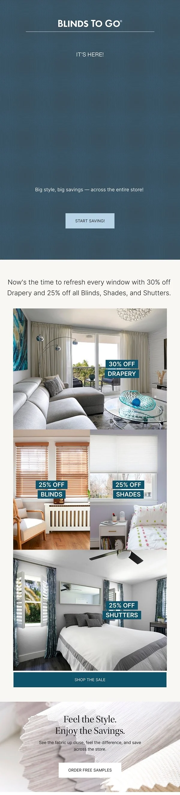 A promotional advertisement for Blinds to Go showcasing window blinds, shades, and shutters on sale. The image includes a living room with labeled discounts on drapery, blinds, shades, and shutters, and features a call to action to start saving and shop the sale.