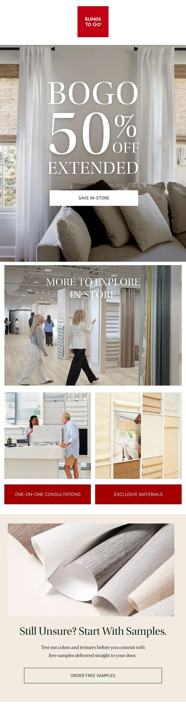 A retail store advertisement for window blinds with a sale of buy one get one 50% off, featuring images of curtains, fabric samples, and store representatives.