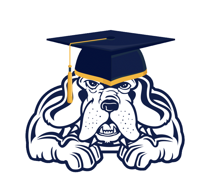 Illustration of a bulldog wearing a graduation cap with a black tassel, depicted in navy blue and white colors.