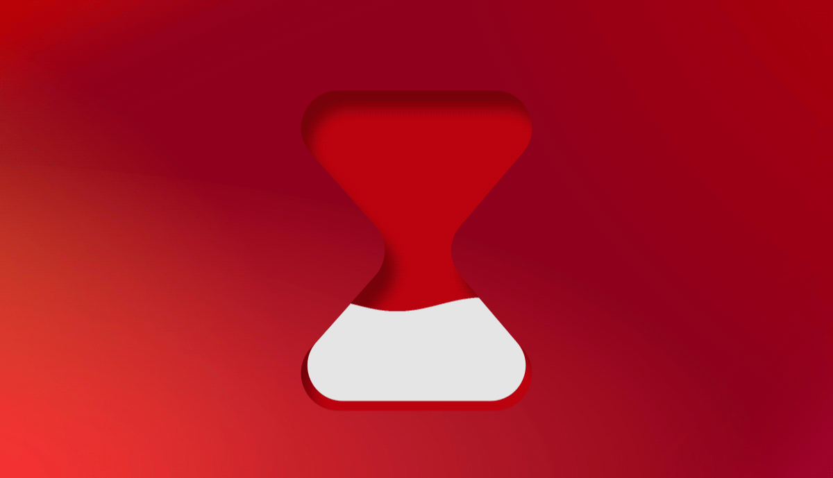 An abstract hourglass-shaped icon with a red top, white middle, and red bottom on a red gradient background.