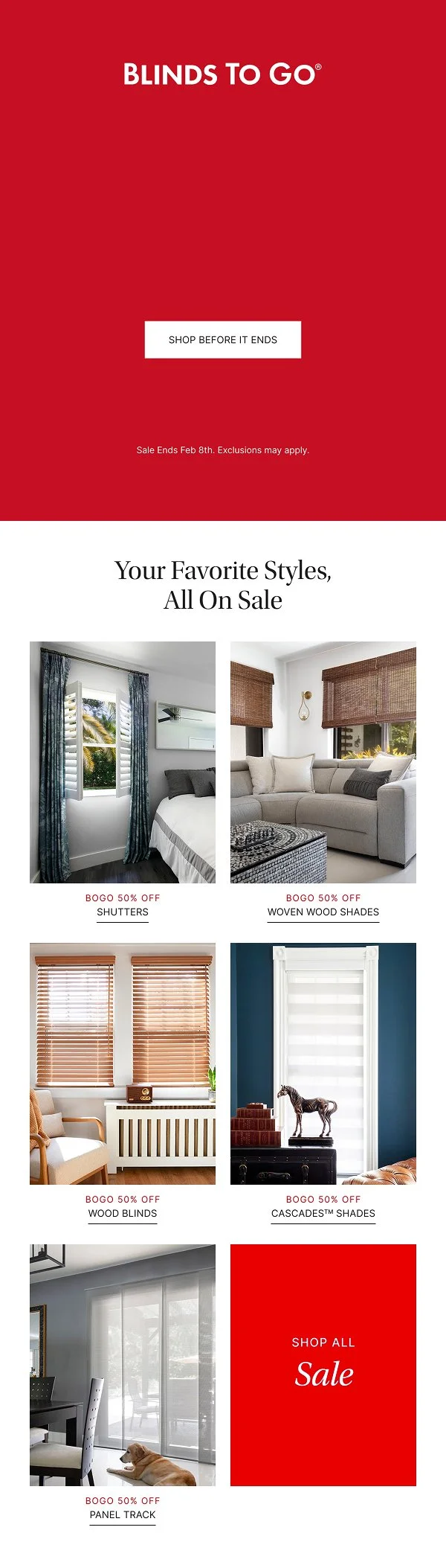 Digital advertisement for blinds and window treatments sale with a red and white background. It features images of different window blinds and shades, including shutters, woven wood shades, wood blinds, cascading shades, and panel track. The sale offers buy one get one 50% off on all items, ending February 8th.
