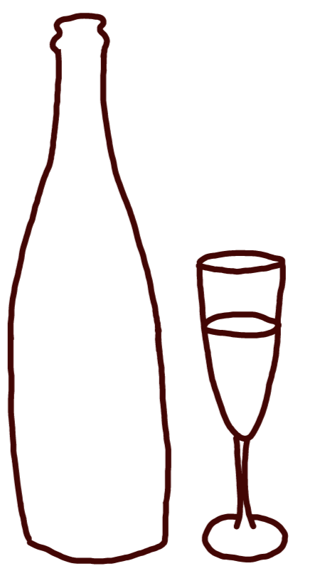 Outline drawing of a champagne bottle and a filled champagne flute glass.
