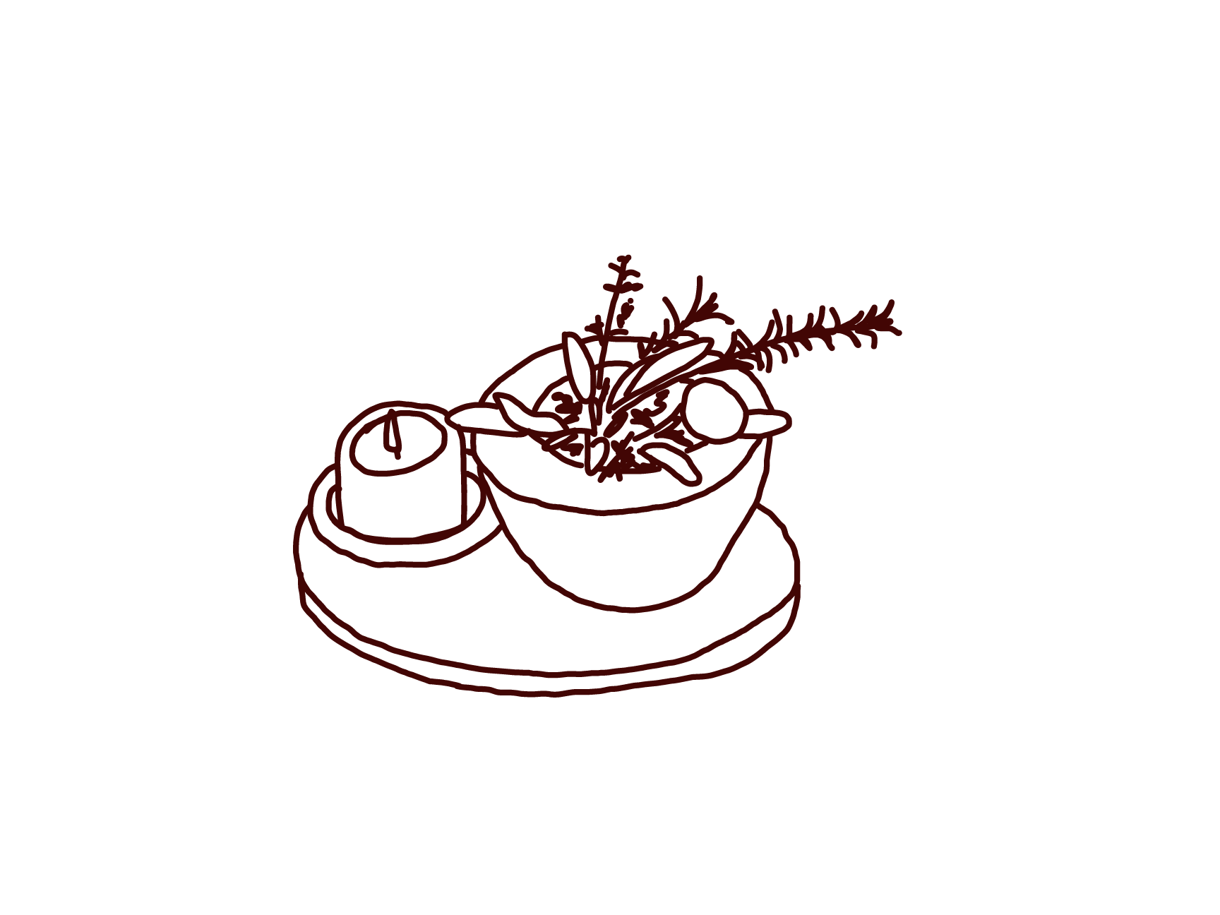Outline drawing of a table with a bowl of salad, a candle, and a small container, with a sprig of herbs on top of the salad.