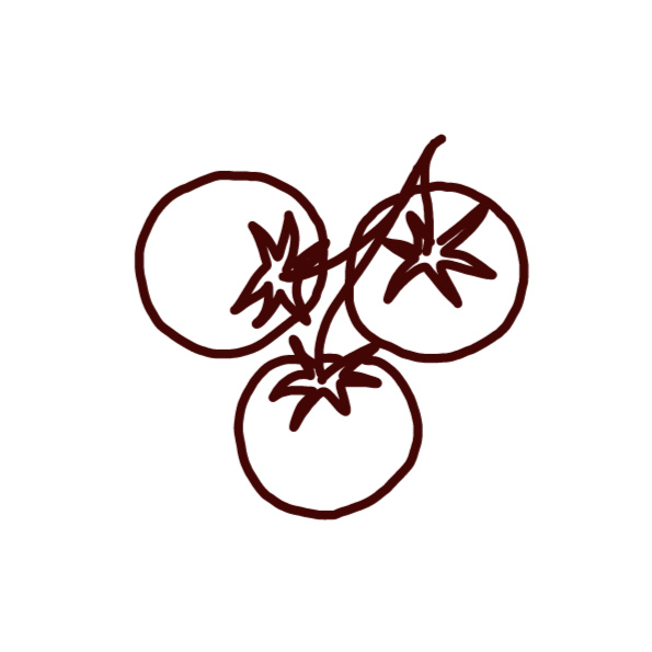 Line drawing of three tomatoes on a vine against a black background.