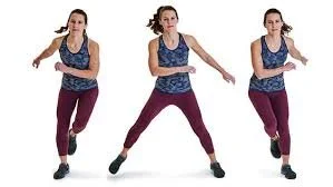 Sequence of three images of a woman in workout clothes demonstrating different dance or exercise poses.