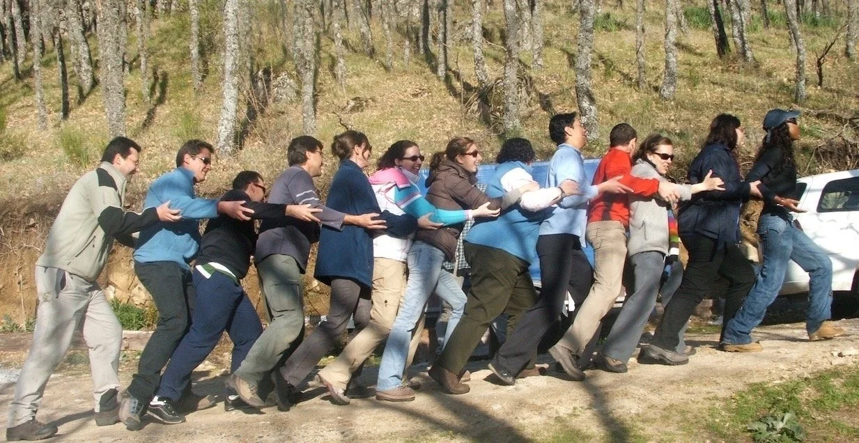 A group of people standing outdoors, holding onto the waist of the person in front of them, creating a human train, with trees in the background.