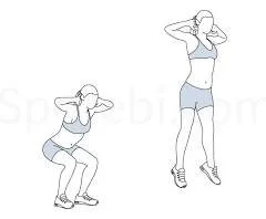 A woman doing squat exercises in two different positions, one squatting with hands near her head and another jumping with knees bent and arms raised.