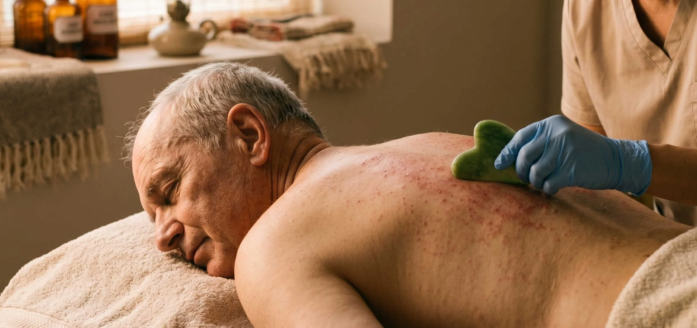 Reinhabit acupuncture Lichfield: an elderly patient under a gua sha therapy treatment