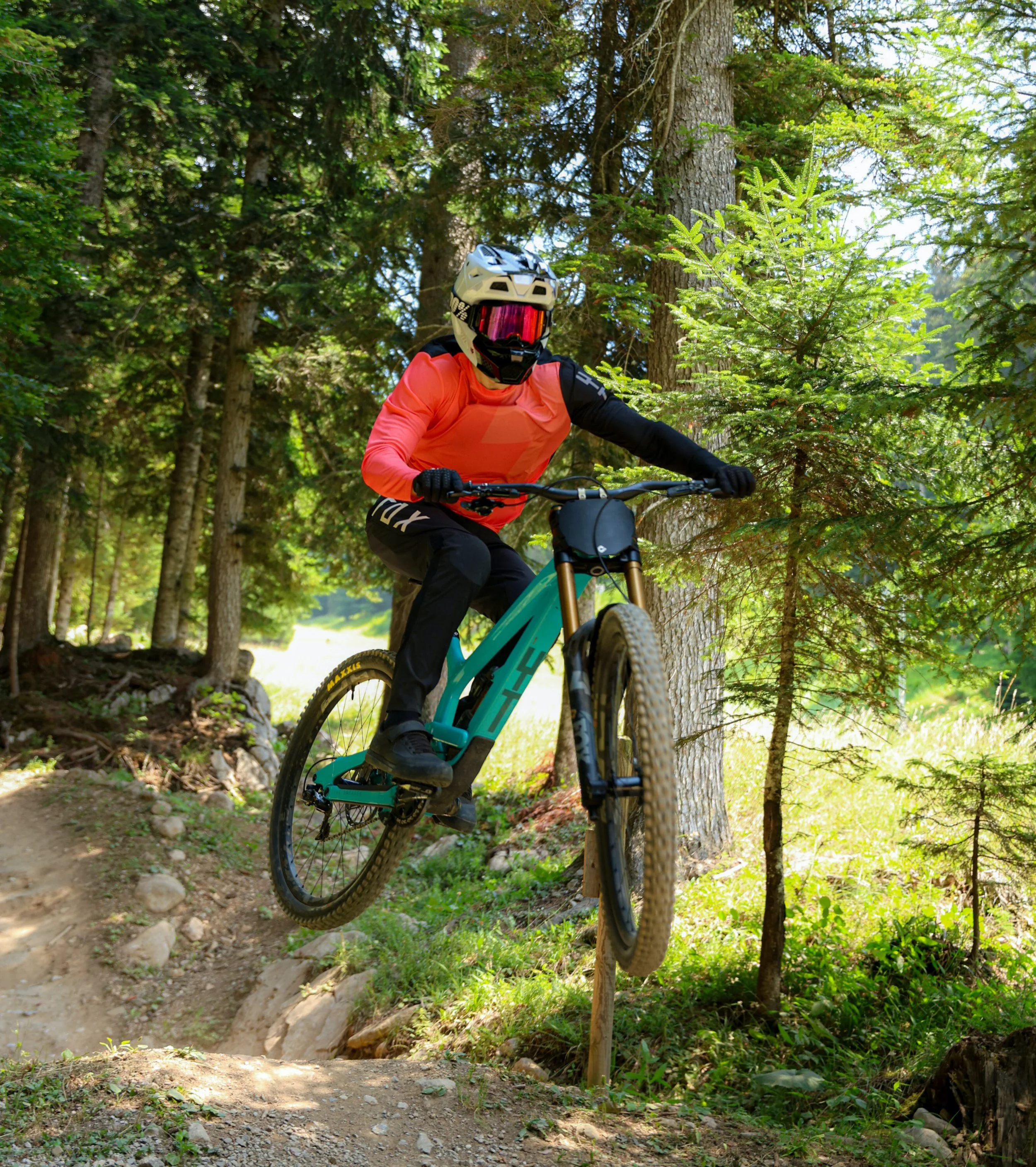 Una persona in abbigliamento da downhill con casco e occhiali da protezione, che pedala su un sentiero sterrato circondato da alberi in una foresta.