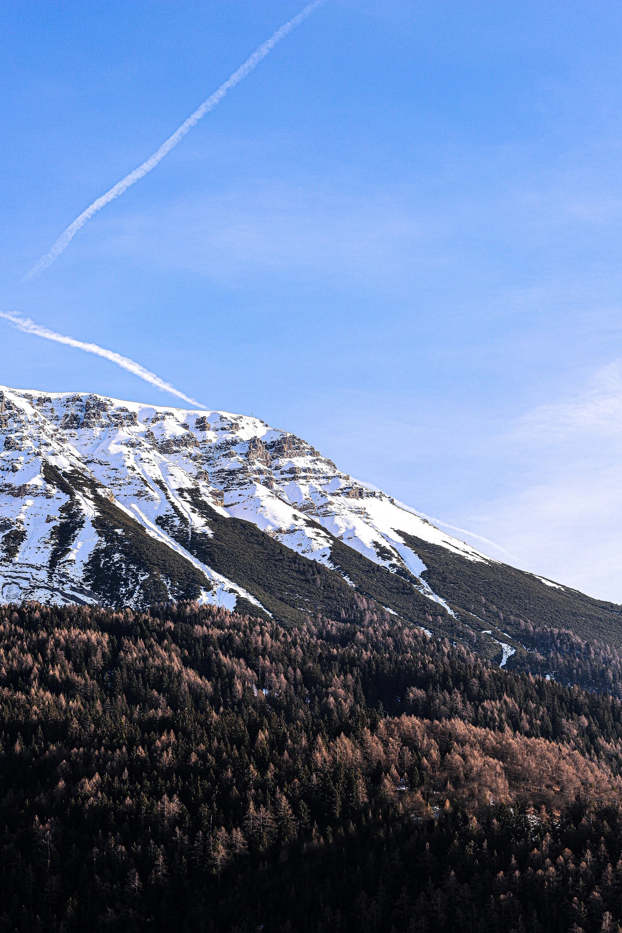 Montagne innevate con foresta sotto un cielo azzurro con contrail degli aerei.