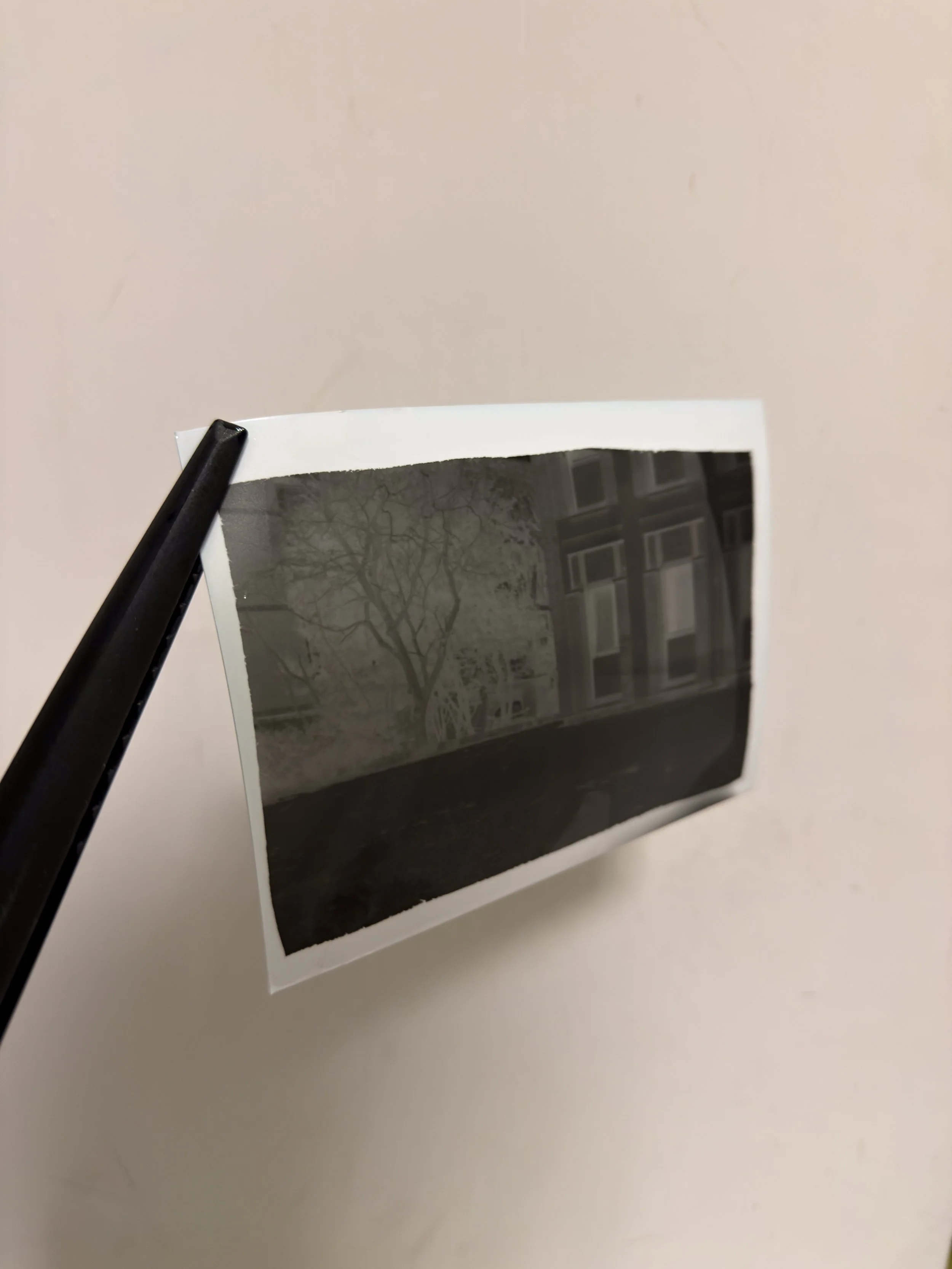 Fotografia di un negativo fotografico vintage che mostra un paesaggio urbano con alberi e edifici.