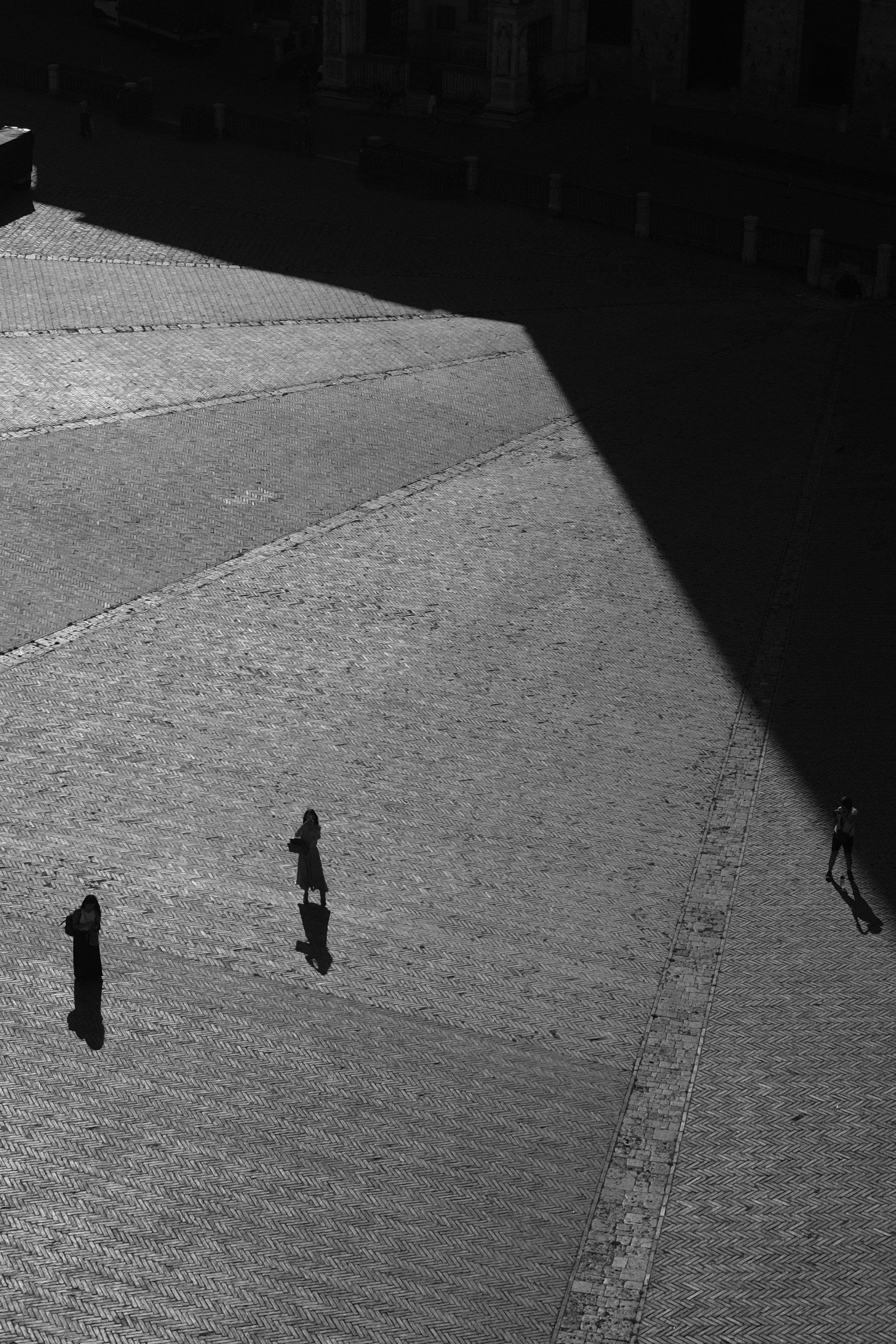 Tre persone camminano su una superficie pavimentata all'aperto, con lunghe ombre proiettate dal sole. La scena è in bianco e nero.
