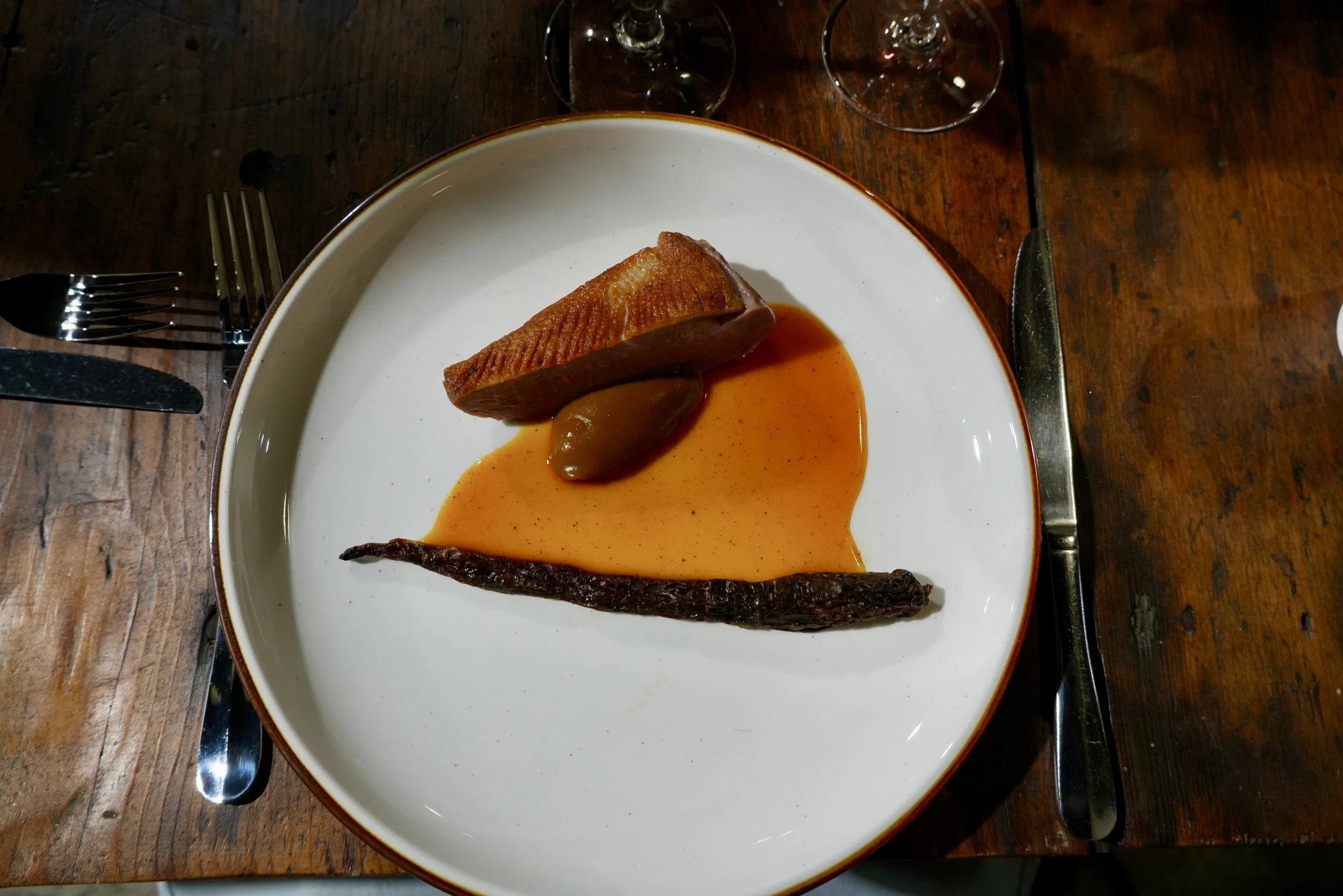 duck, charred carrot, sweet potato and miso puree, sweet potato, whiskey vinegar, and hazelnut, and brown butter sauce 
