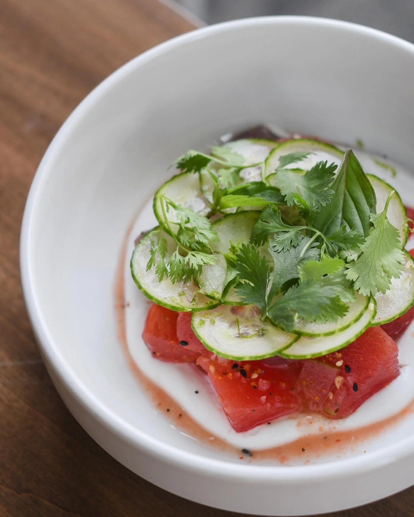 Summer: Raw tuna, compressed watermelon, coconut mousse, cucumber, herbs 