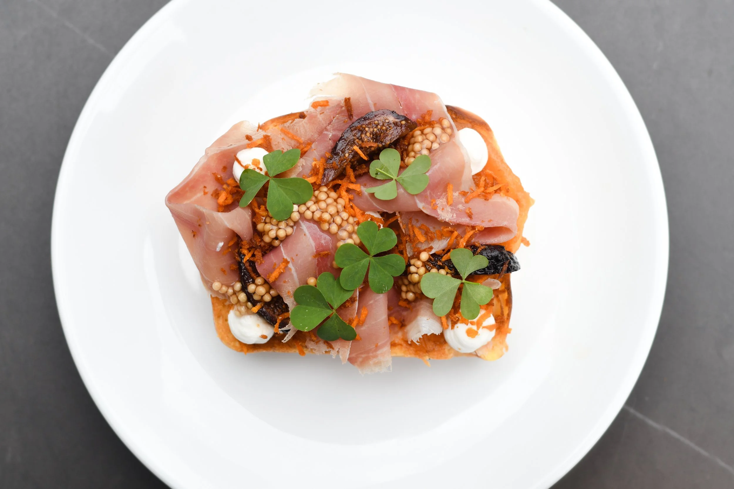 Fall:  Sweet potato brioche, Benton's country ham, sweet potato jam, sweet potato crumble, pickled fig, ricotta, pickled mustard seed