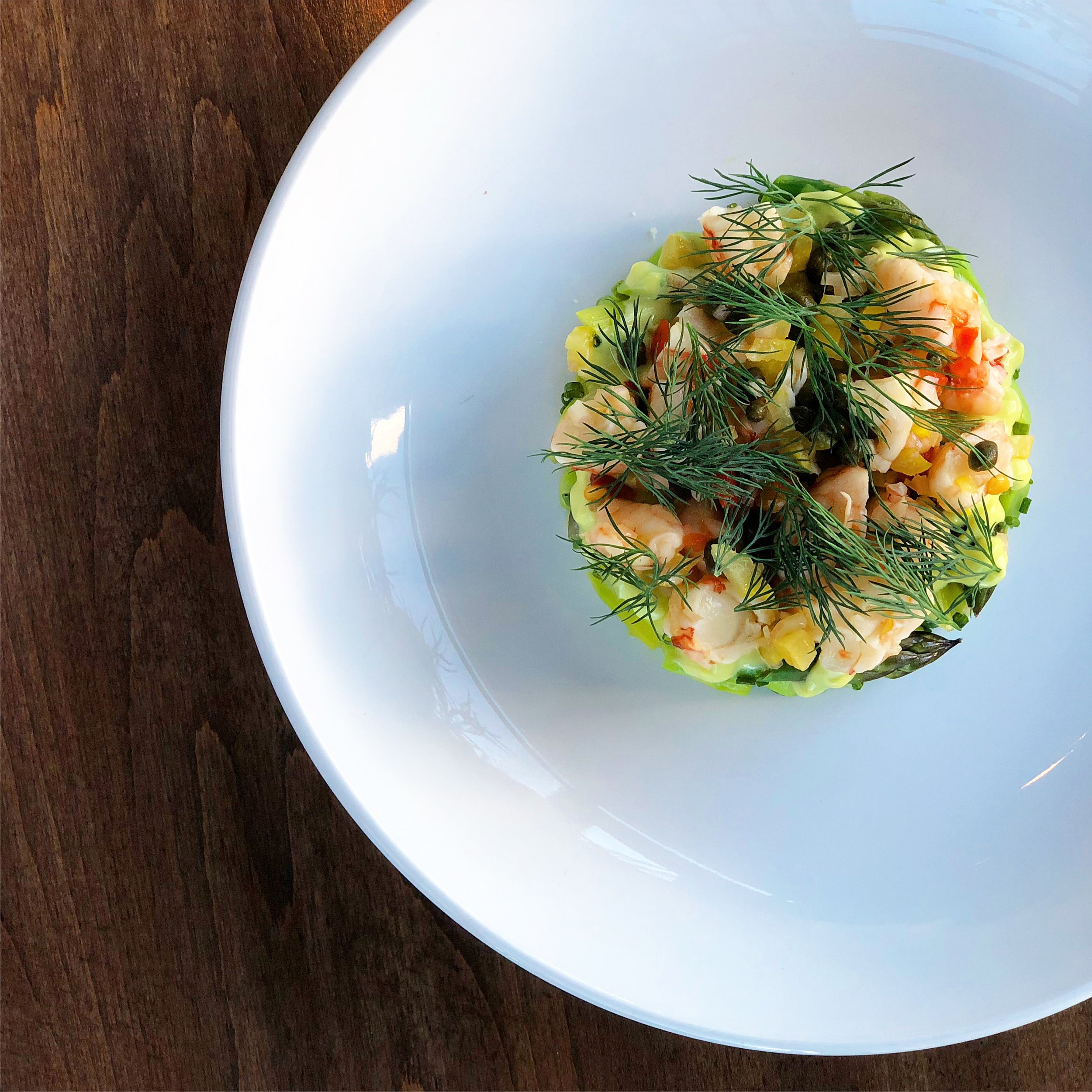 Spring: Green asparagus, pickled shrimp relish, dill, preserved lemon, green garlic emulsion