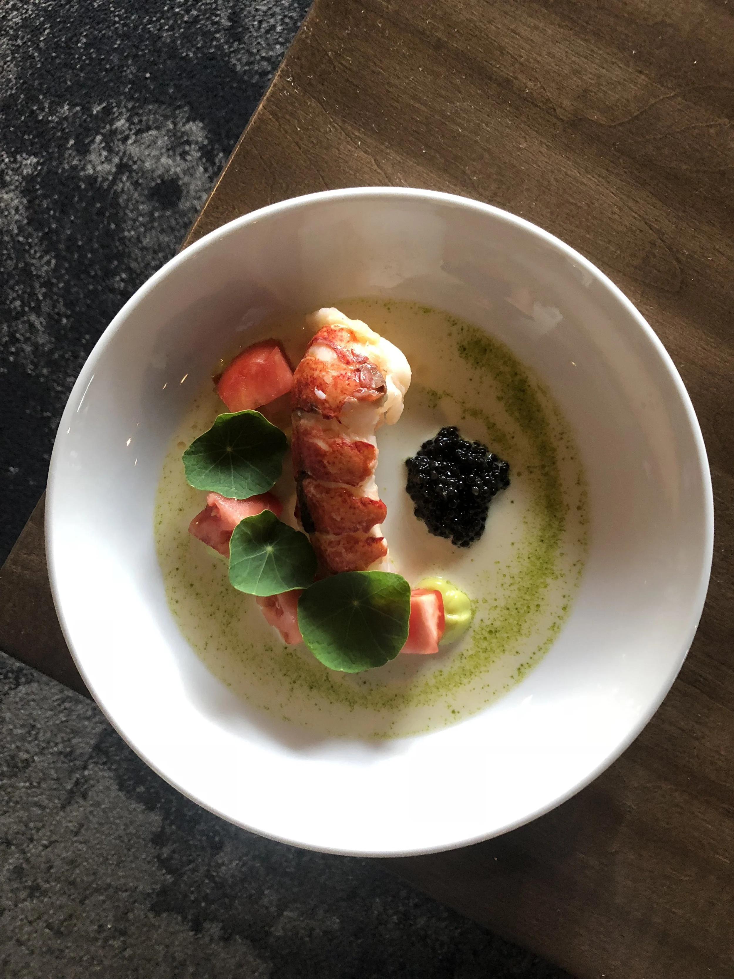 Summer:  Poached lobster tail, tomato, nasturtium, caviar, dill cream 