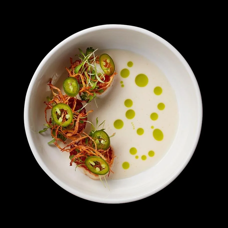Winter:  Scallops, coconut broth, fried ginger, jalapeno 