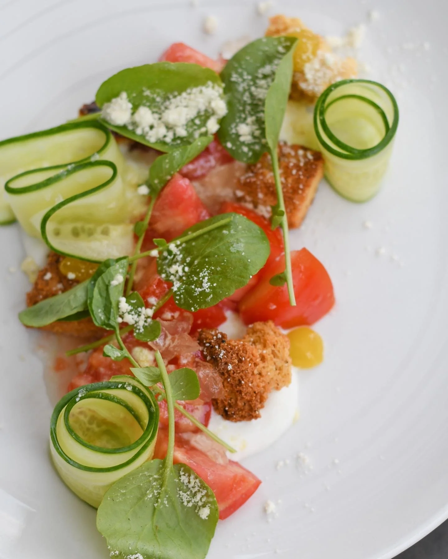 Summer:  Tomatoes dressed in fermented tomato gel, olive oil jam and powder, cucumber, watercress, cornbread crouton