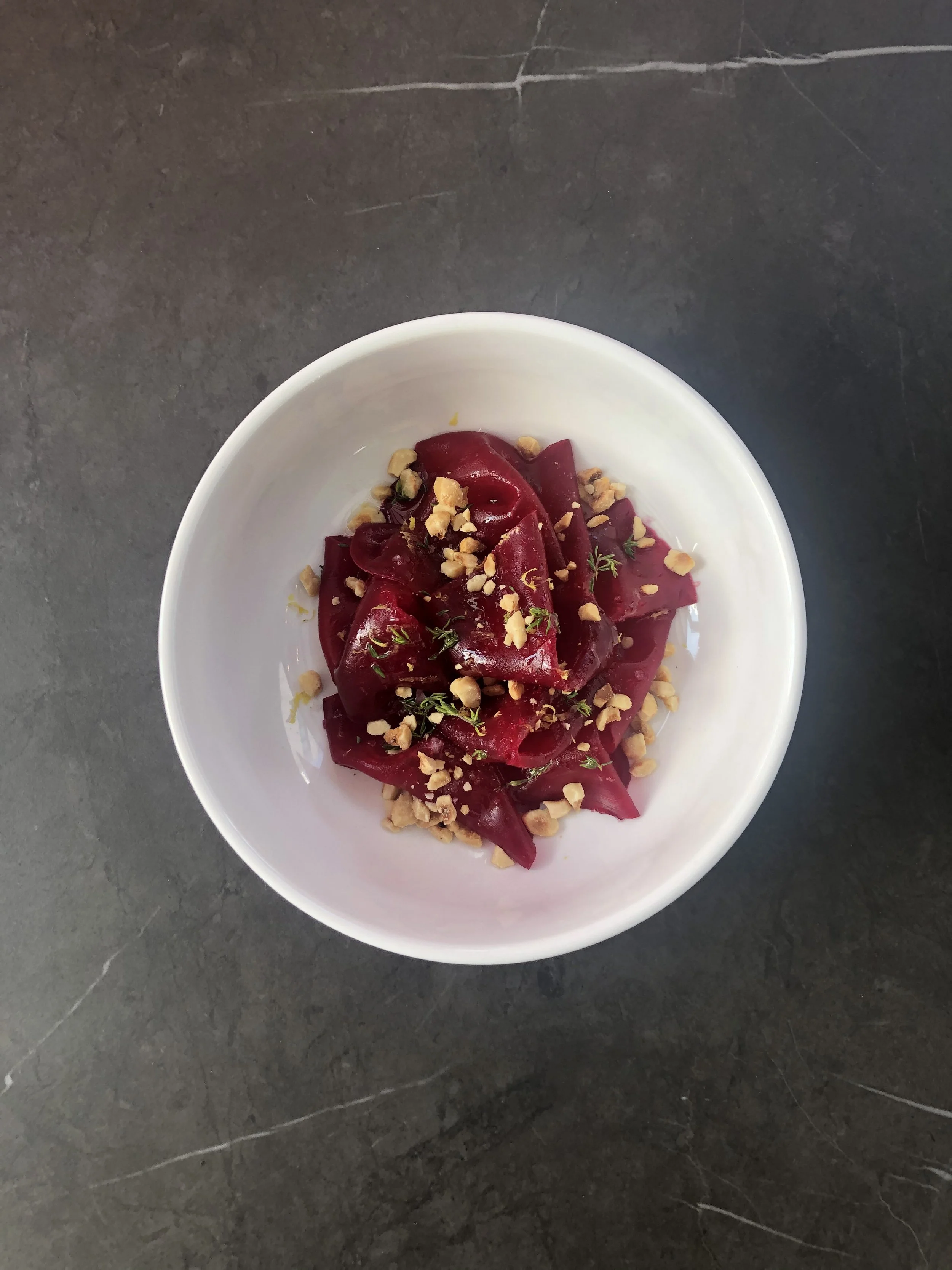 Winter:  Beets, rose oil, walnut emulsion, toasted hazelnut