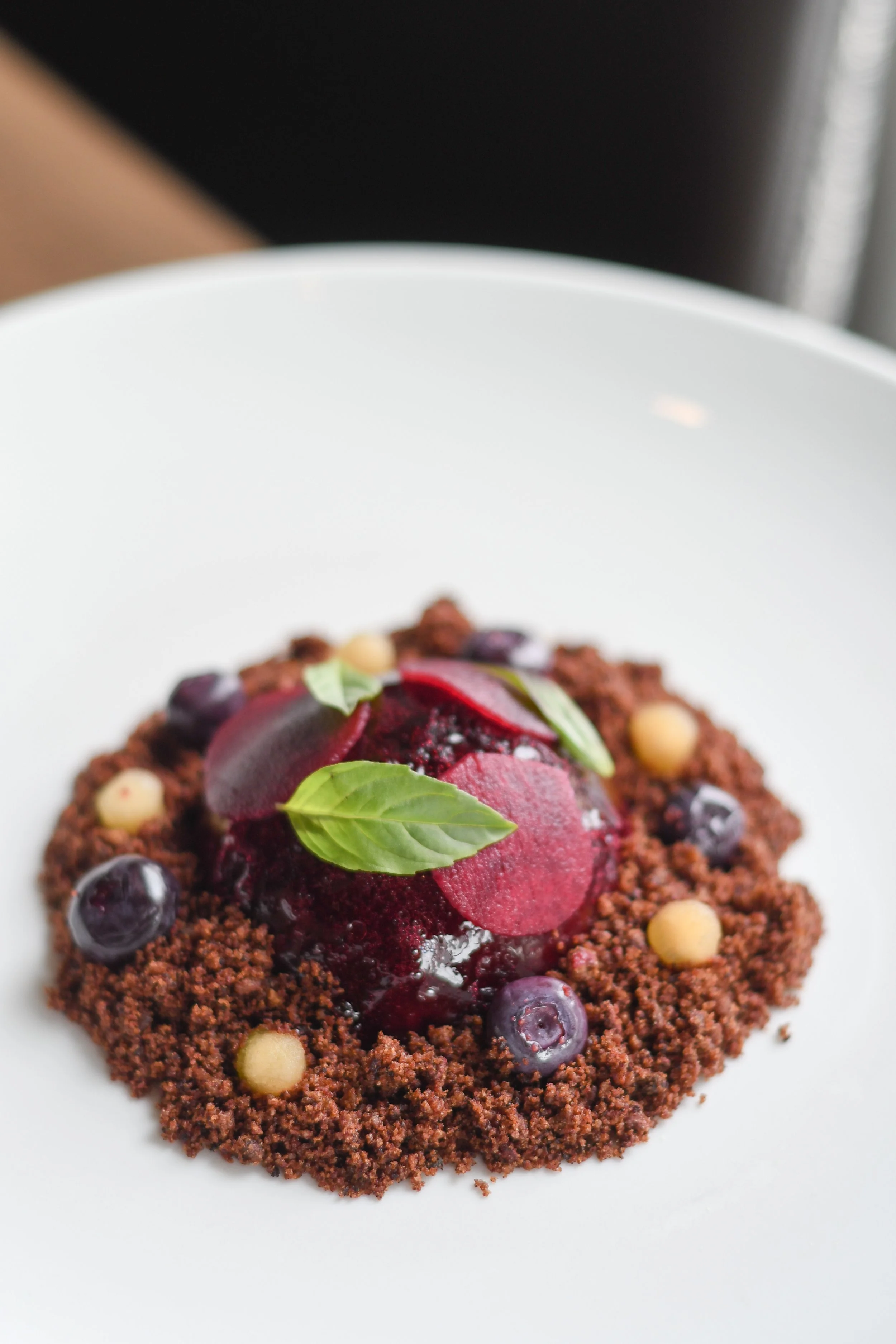 Winter:  Chicken liver mousse glazed in beet, pumpernickel and cocoa crumble, pickled blueberry, apple, and beet, basil 