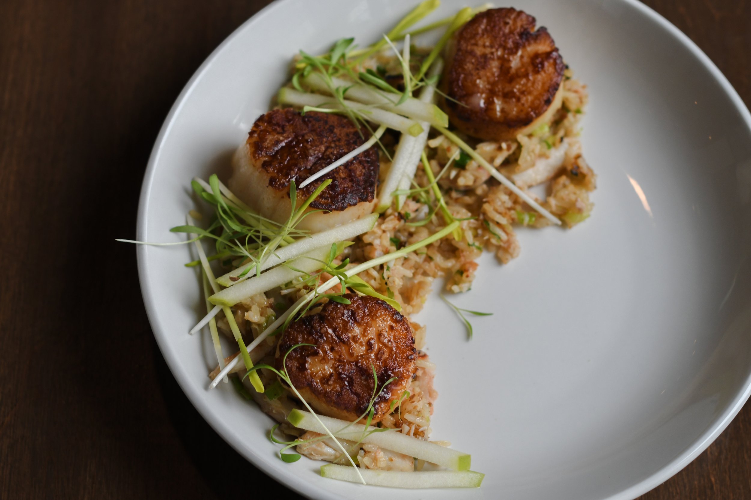 Fall:  Seared scallops, crab fried rice, avocado, green apple, corn shoots 