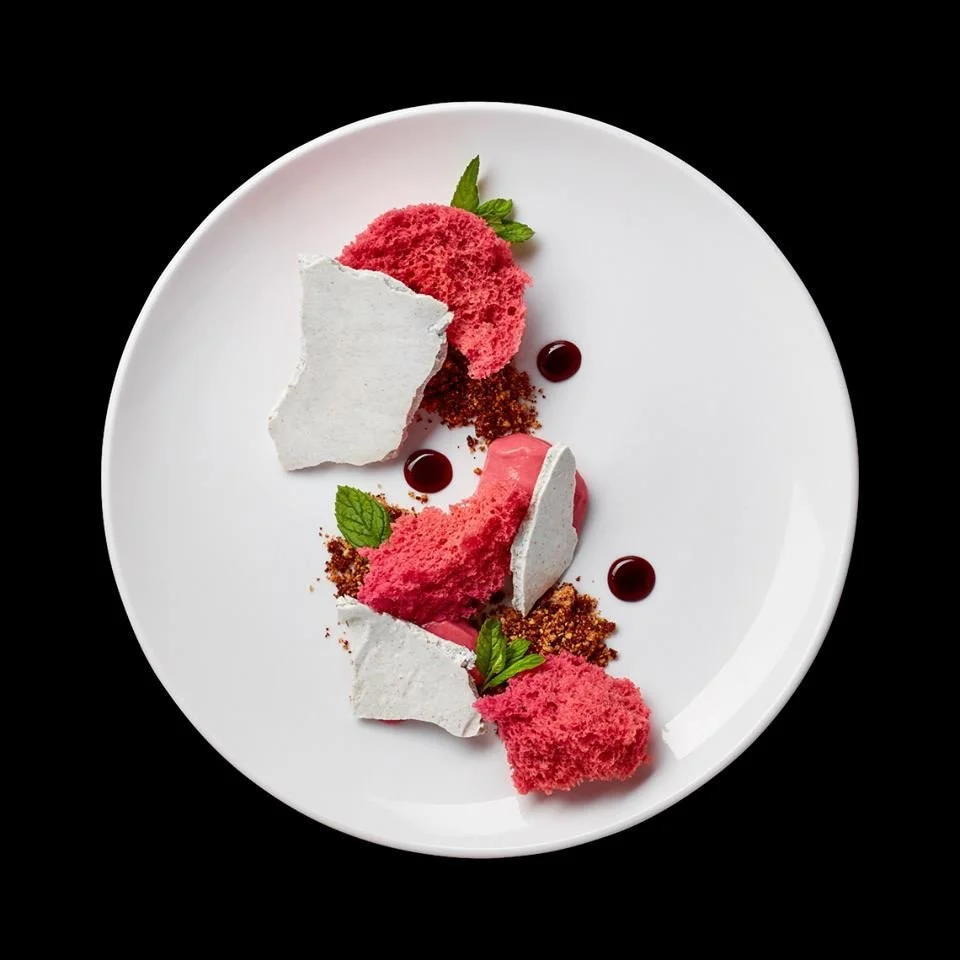 Winter:  Beet cake, hazelnut praline, hazelnut crumble, meringue, saba 