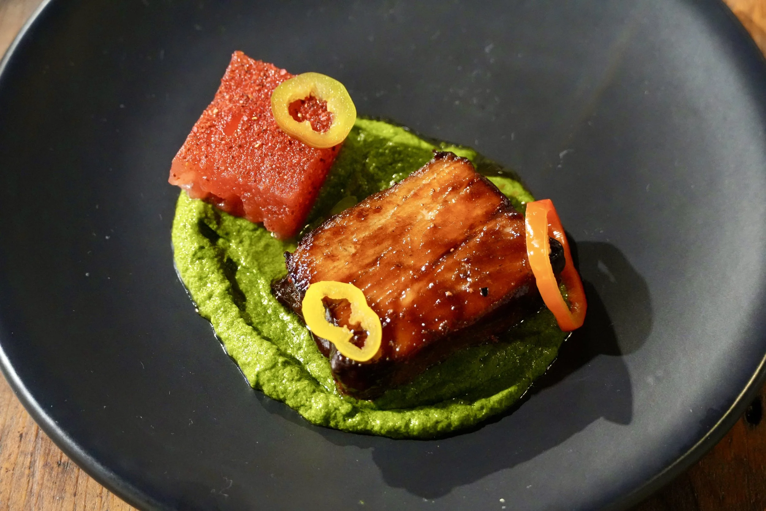 strawberry bacon, watermelon, basil, sweet pepper, bbq sauce 