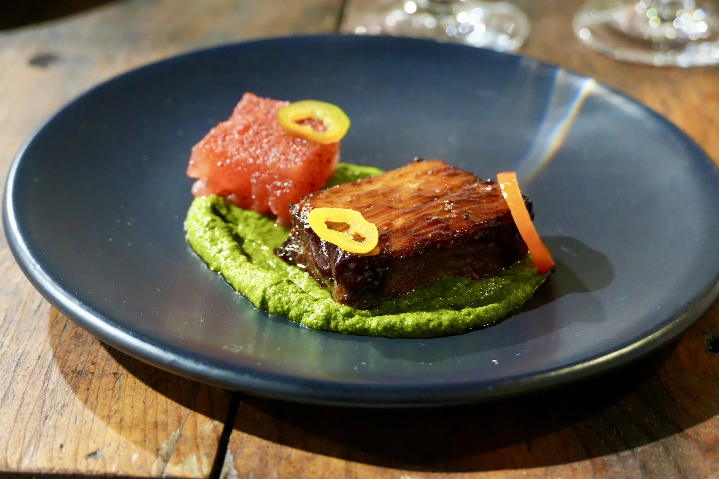strawberry cured bacon, strawberry bbq sauce, basil puree, pickled sweet peppers, watermelon marinated in strawberry juice and seasoned with strawberry bbq spice