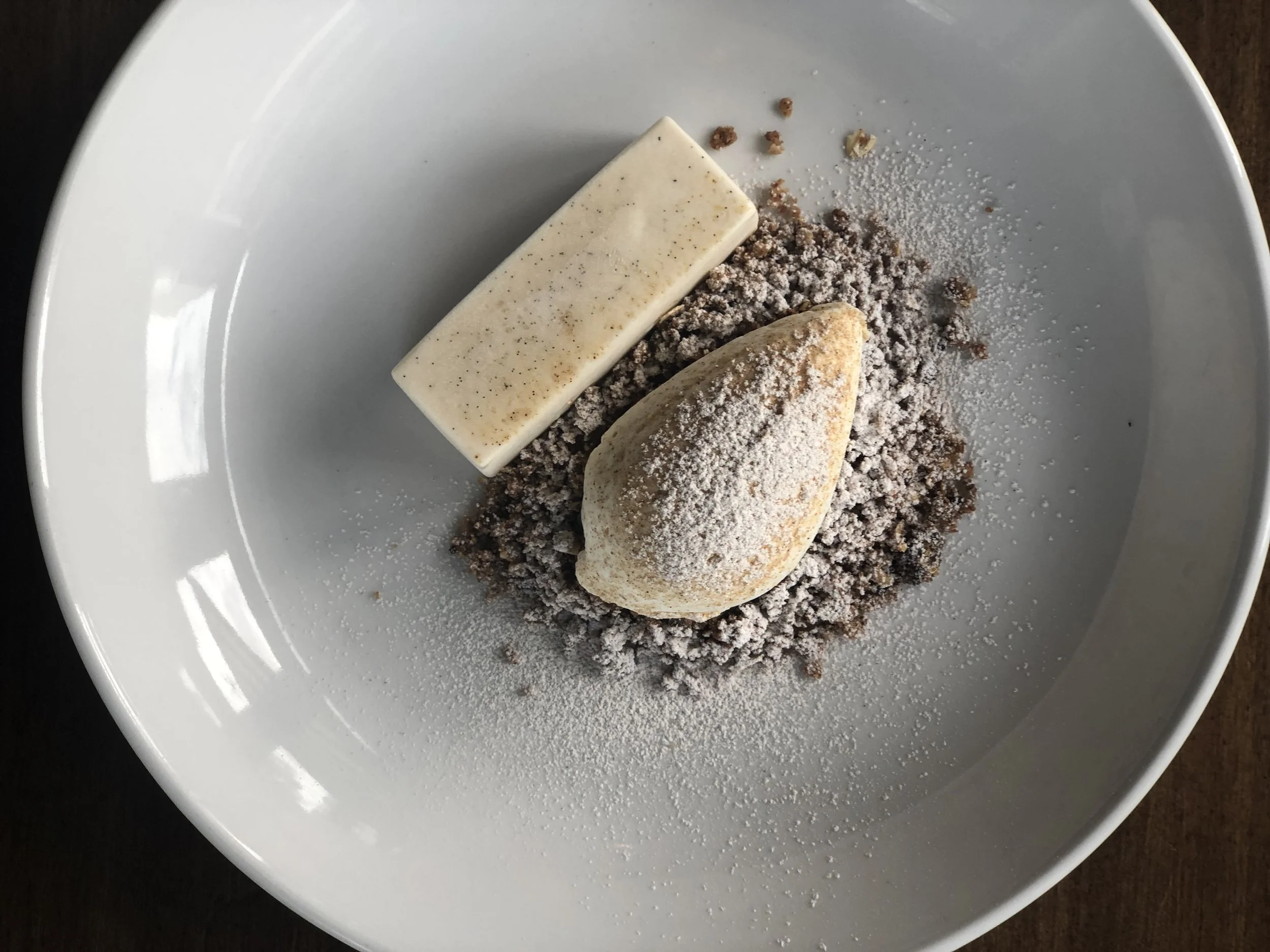 Winter:  Buttermilk panna cotta, caramelized croissant crumble, toasted koji cremeux 