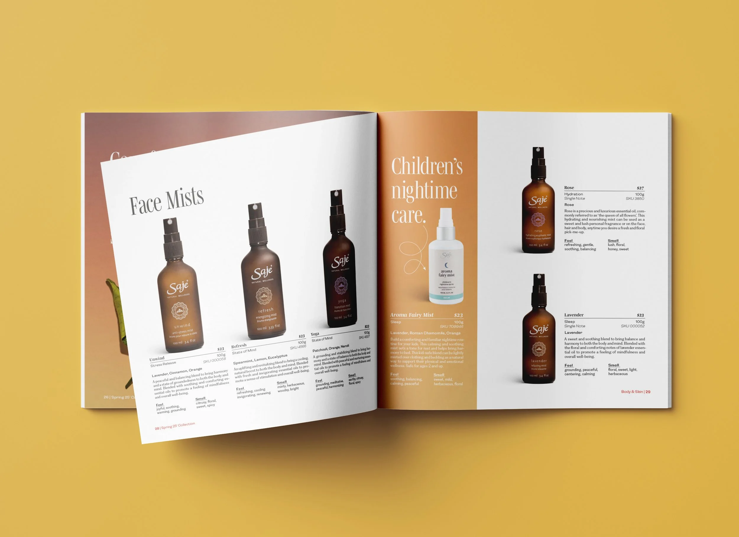 Open magazine catalogue design, featuring pages on face mists and children's nighttime care sprays for Saje Wellness, with product images and descriptions.