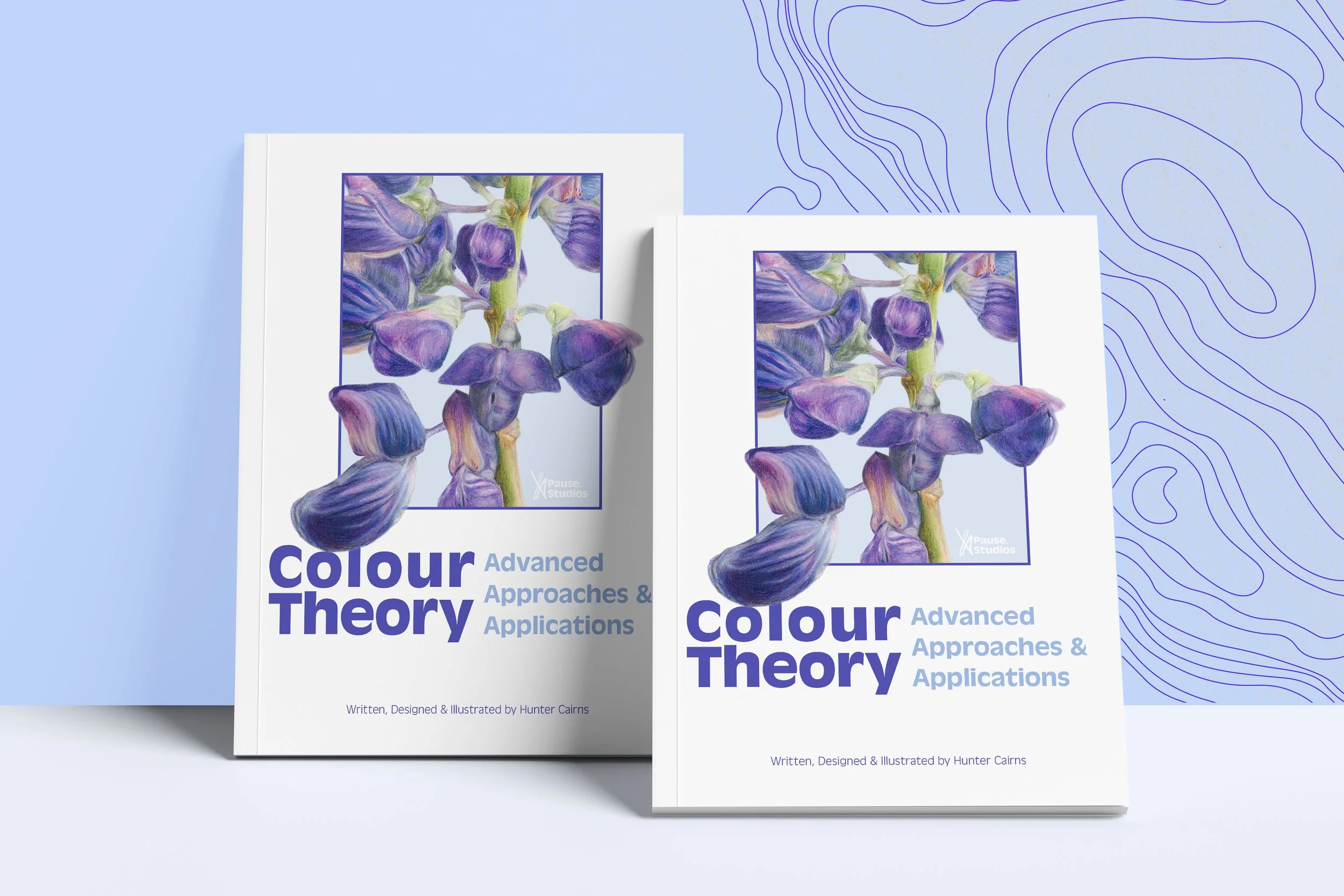 Two books titled 'Colour Theory Advanced Approaches & Applications' featuring a purple lupin illustration on the covers, set against a light blue and purple background with contour lines.