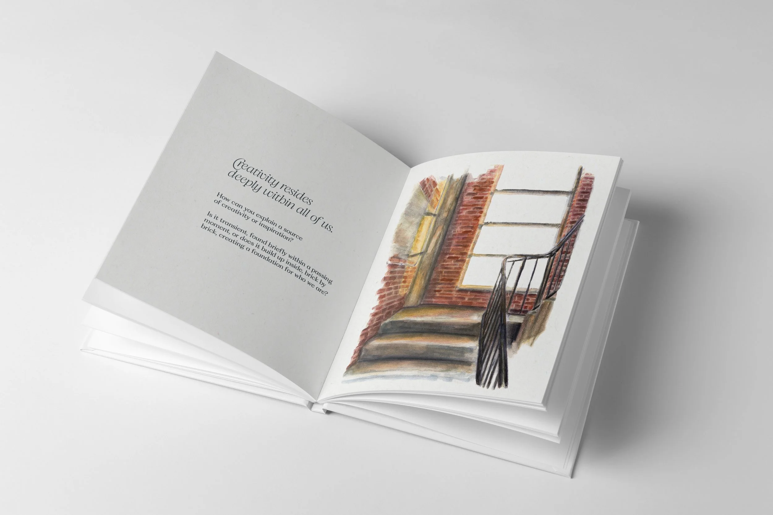 Open book publication design with watercolour illustration of a staircase with brick walls and a window.