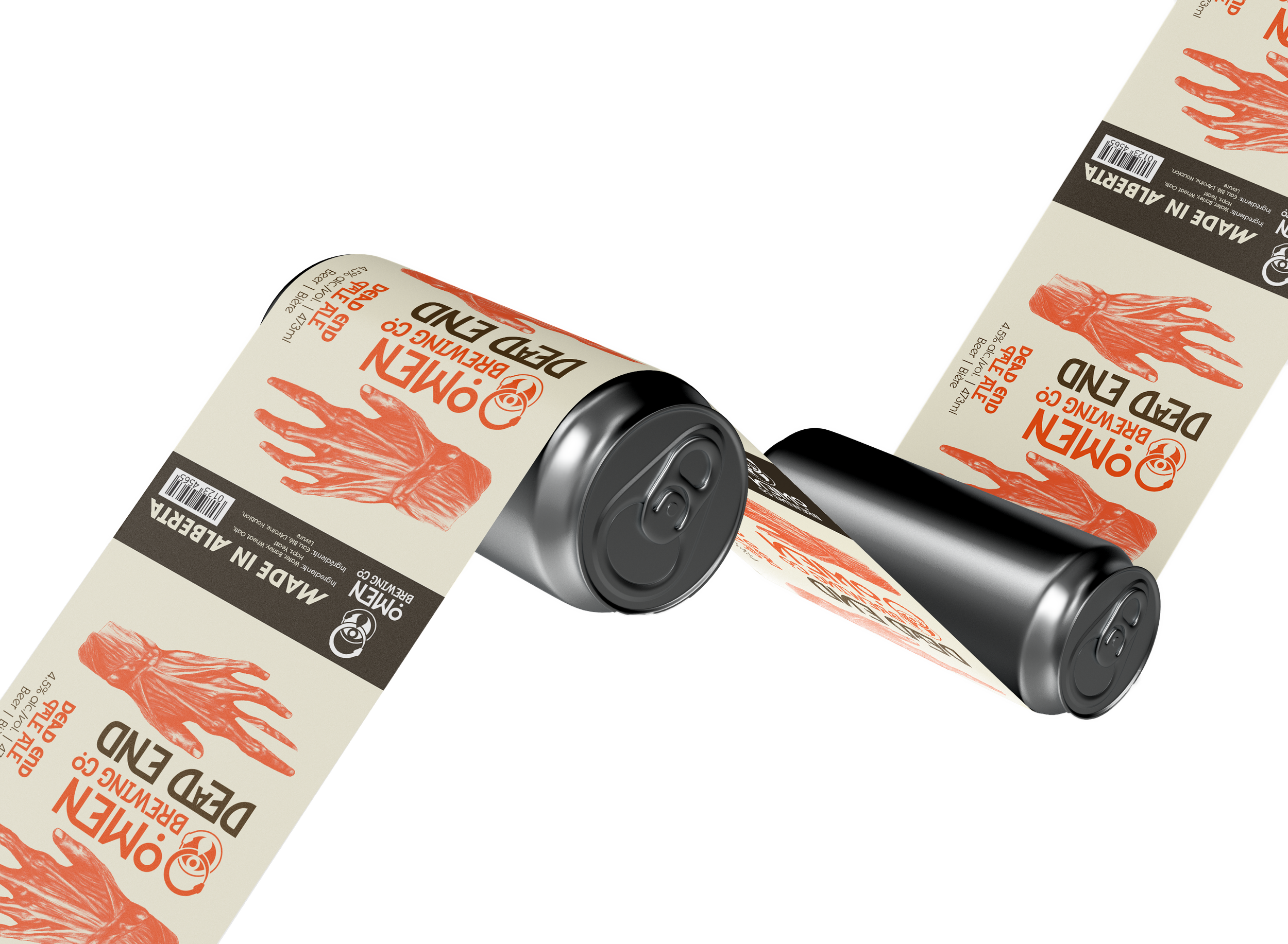 Packaging designs for Omen Beer cans with fine line illustrations