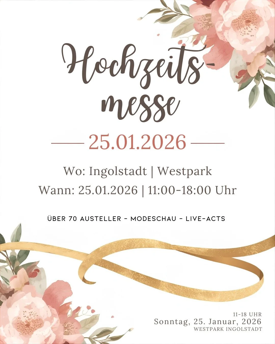 💍 SAFE THE DATE: Die gro&szlig;e Hochzeitsmesse Ingolstadt am 25.01.2026! 

Ihr plant euren gro&szlig;en Tag und sucht noch nach dem perfekten Soundtrack? Sichert euch ein Ticket und kommt vorbei! 🎤✨

Wir, die Band PROUD FOUR, sind am 25.01.2026 li