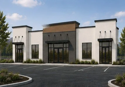 Front view of a new multi-tenant retail building under construction in Syracuse, Utah