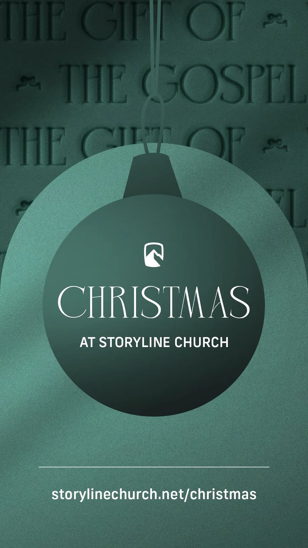 A promotional graphic for Christmas at Storyline Church, featuring a hanging ornament with the church's website URL at the bottom.
