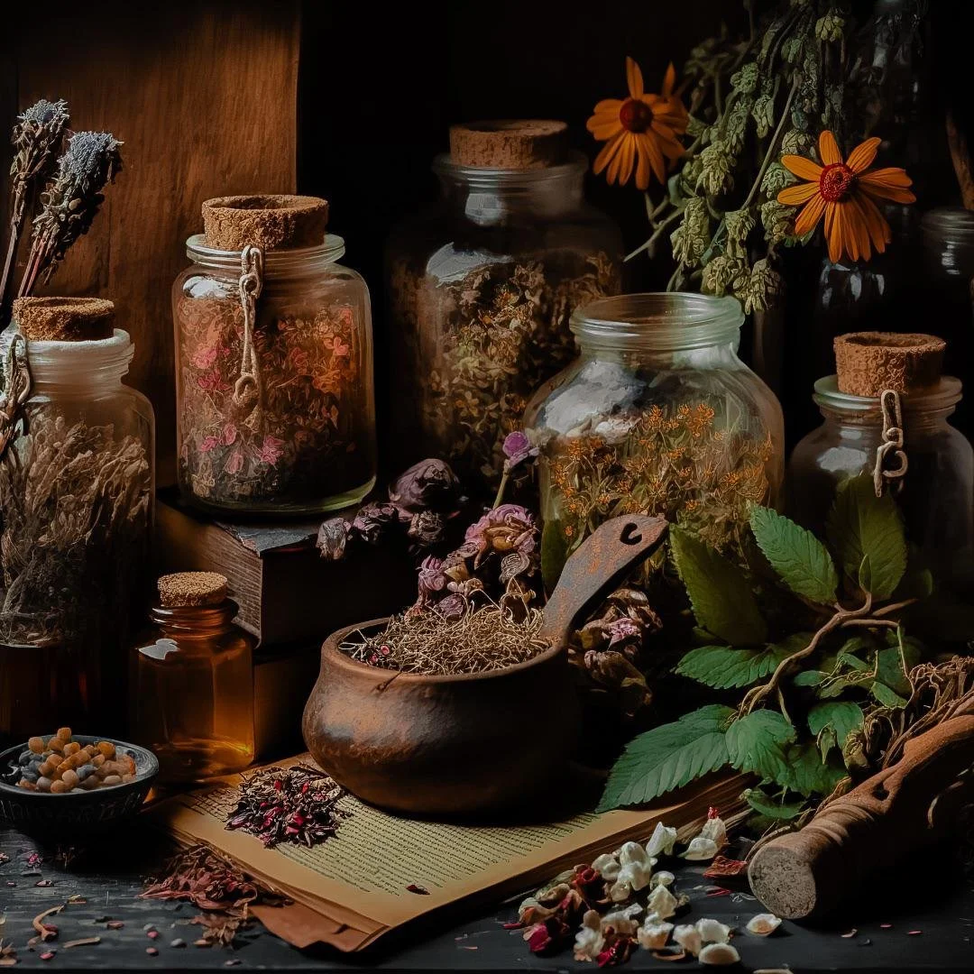A collection of glass jars filled with dried flowers or herbs, surrounded by leaves, a wooden mortar and pestle, dried flowers, and a book, all arranged on a dark surface with some scattered petals and stones. The scene is illuminated by warm lighting, creating a cozy, vintage atmosphere.