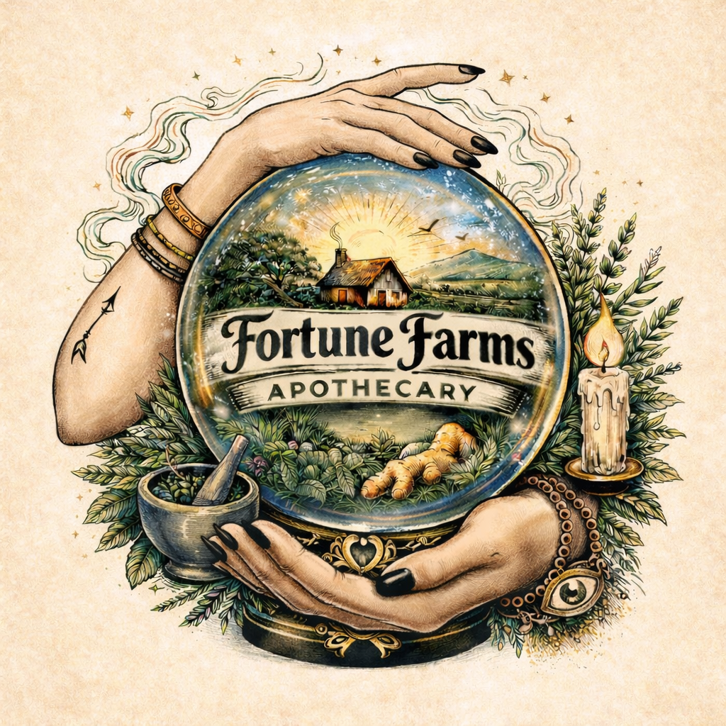 Illustration of a crystal ball with a farm scene inside, featuring a house, trees, mountains, and a sunrise, surrounded by hands, herbs, a candle, and a mortar and pestle, with the text "Fortune Farms Apothecary".