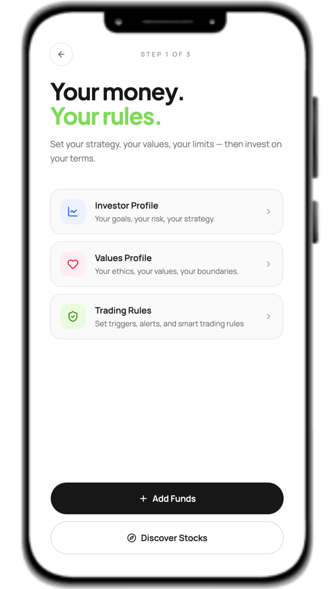 Ethika investment app onboarding — set your investor profile, values profile and trading rules before you invest. Your money, your rules