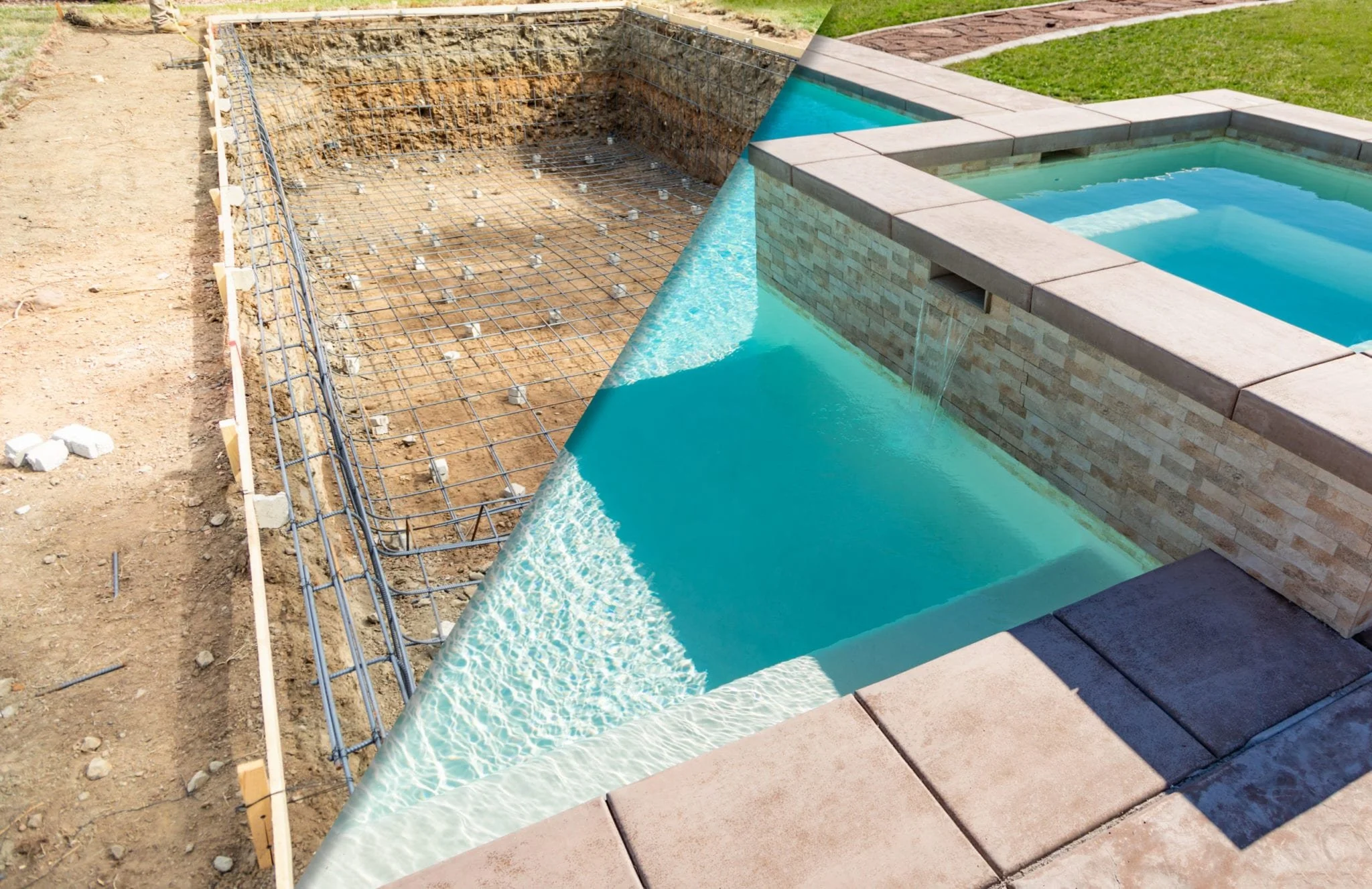 Side view of a backyard pool under construction, with the pool's interior lining visible and surrounding brick coping installed on one side. The other side shows a dirt area with construction framing and wiring but no finishing yet.