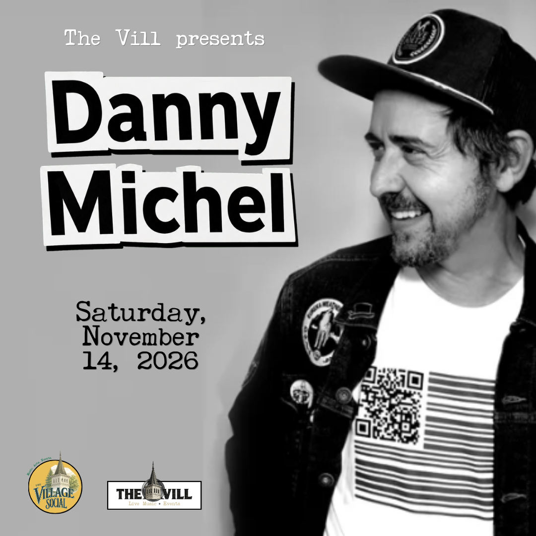 Black and white promotional poster for a Danny Michel concert on Saturday, November 14, 2026, featuring a smiling man wearing a baseball cap, jacket, and a t-shirt with a barcode and QR code, with event details and logos for Village Social and The Villl.