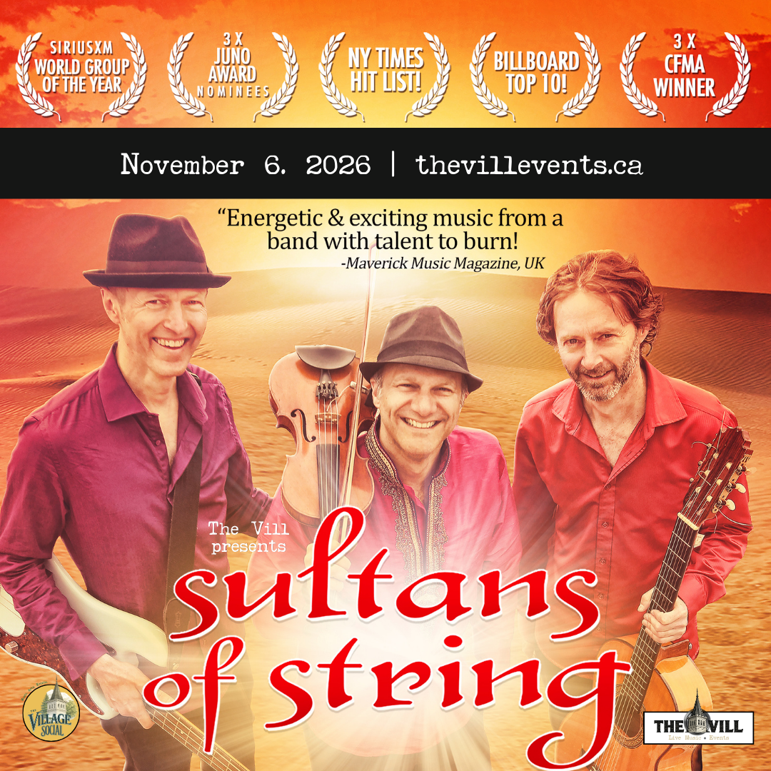 Poster for a concert featuring the band 'Sultans of String' with three band members holding musical instruments, set against a desert background. The event is on November 6, 2026, and includes accolades such as SiriusXM World Group of the Year and Billboard Top 10.