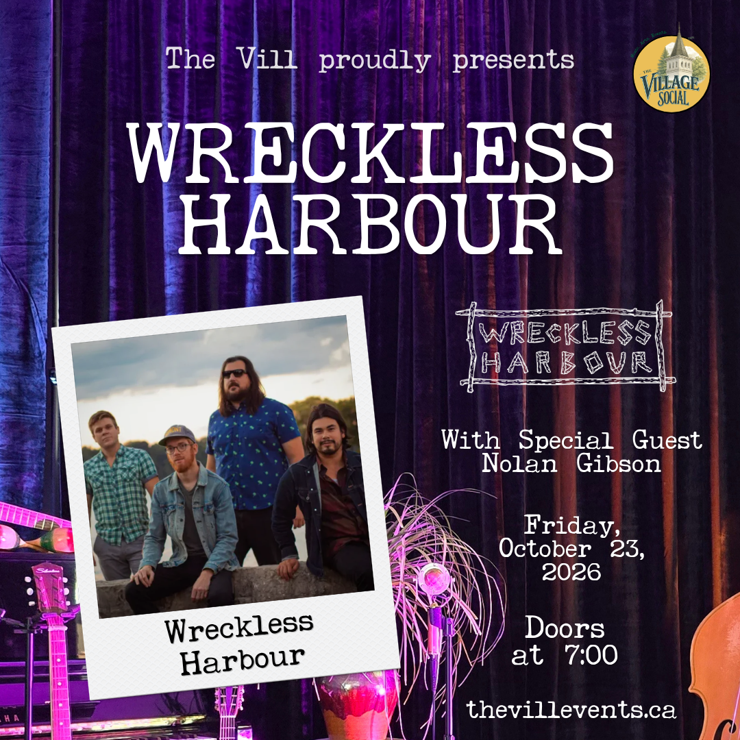 Event poster for Wreckless Harbour's performance, featuring a band photo, concert details, and decorative stage elements with purple curtains.